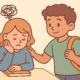 Ilustración de un estudiante apoyando a una compañera triste por el bullying, representando el impacto en la salud mental
