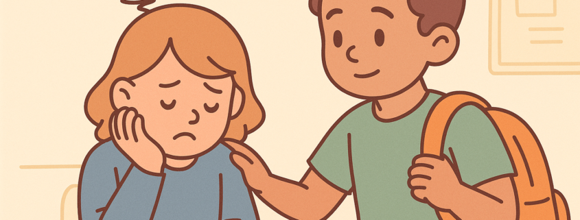 Ilustración de un estudiante apoyando a una compañera triste por el bullying, representando el impacto en la salud mental