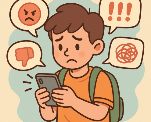 Ilustración de un estudiante preocupado recibiendo ciberacoso en su teléfono