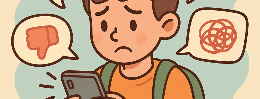 Ilustración de un estudiante preocupado recibiendo ciberacoso en su teléfono