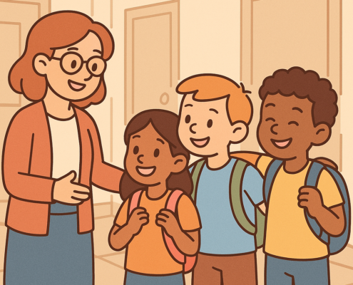 Ilustración de una profesora con estudiantes felices, promoviendo la prevención del bullying escolar