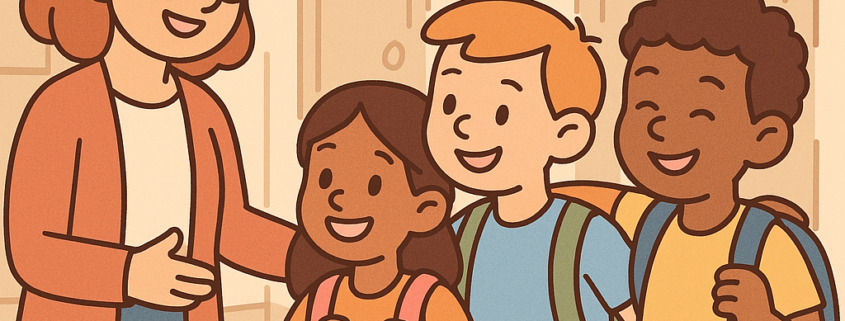 Ilustración de una profesora con estudiantes felices, promoviendo la prevención del bullying escolar