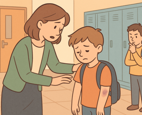 Ilustración de una maestra observando a un alumno triste con mochila, representando señales de bullying